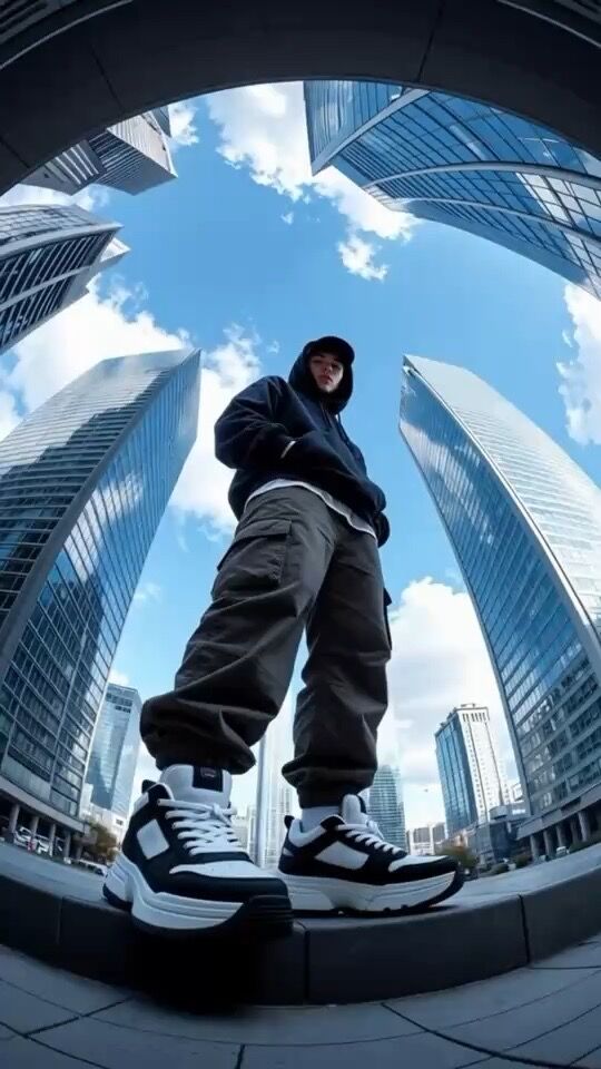 Still photo of a person in streetwear, shot from a low fisheye angle between glass towers
